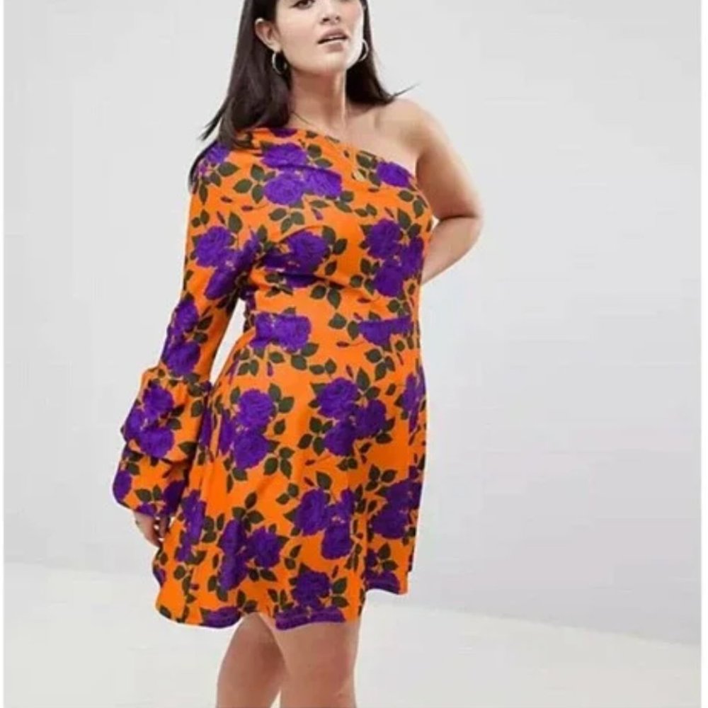 ASOS DESIGN Curve one shoulder mini skater dress with double bubble sleeve US 28